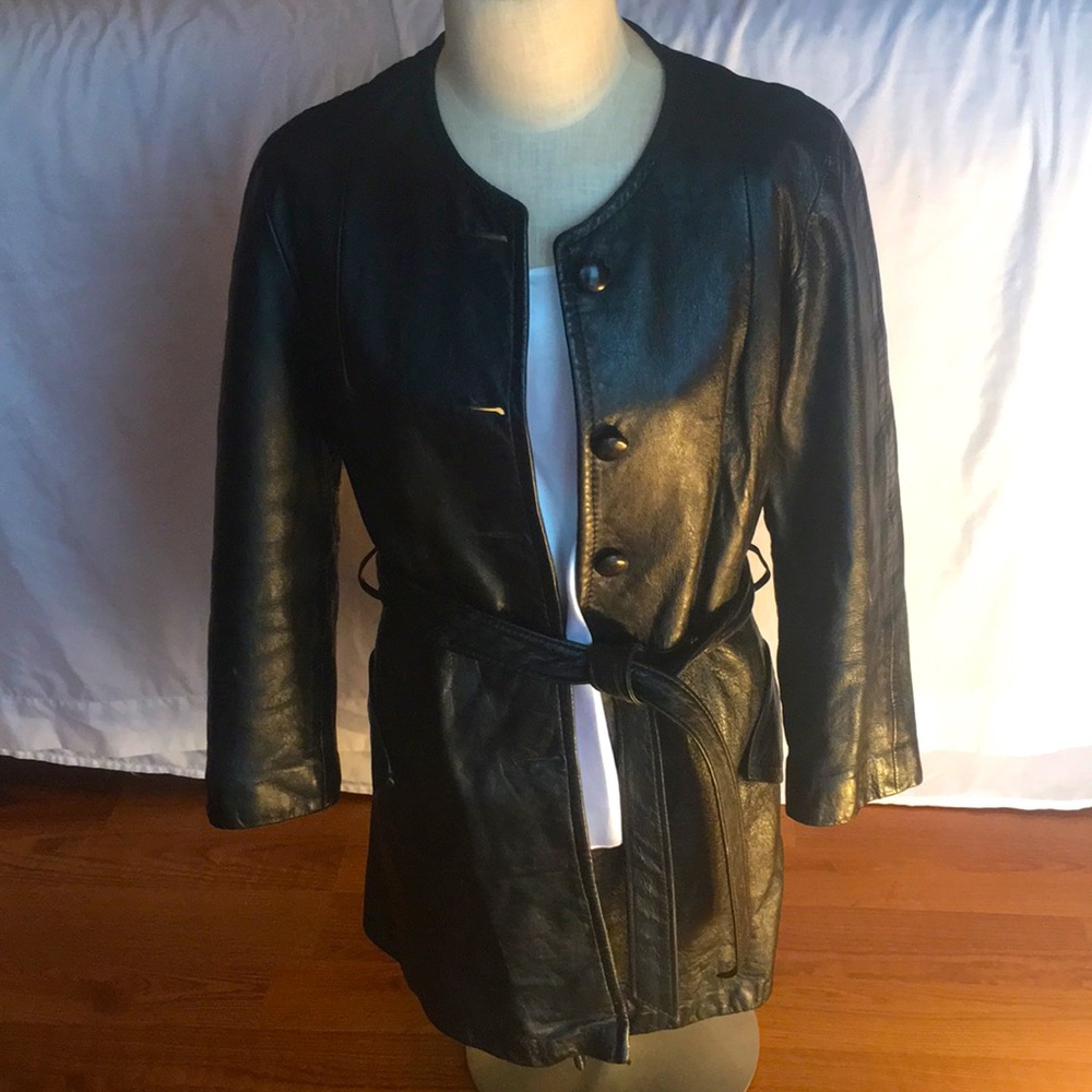 Genuine black leather vintage trench coat